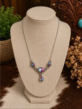 Cotton Candy Pink & Turquoise Round Stone Drop Necklace